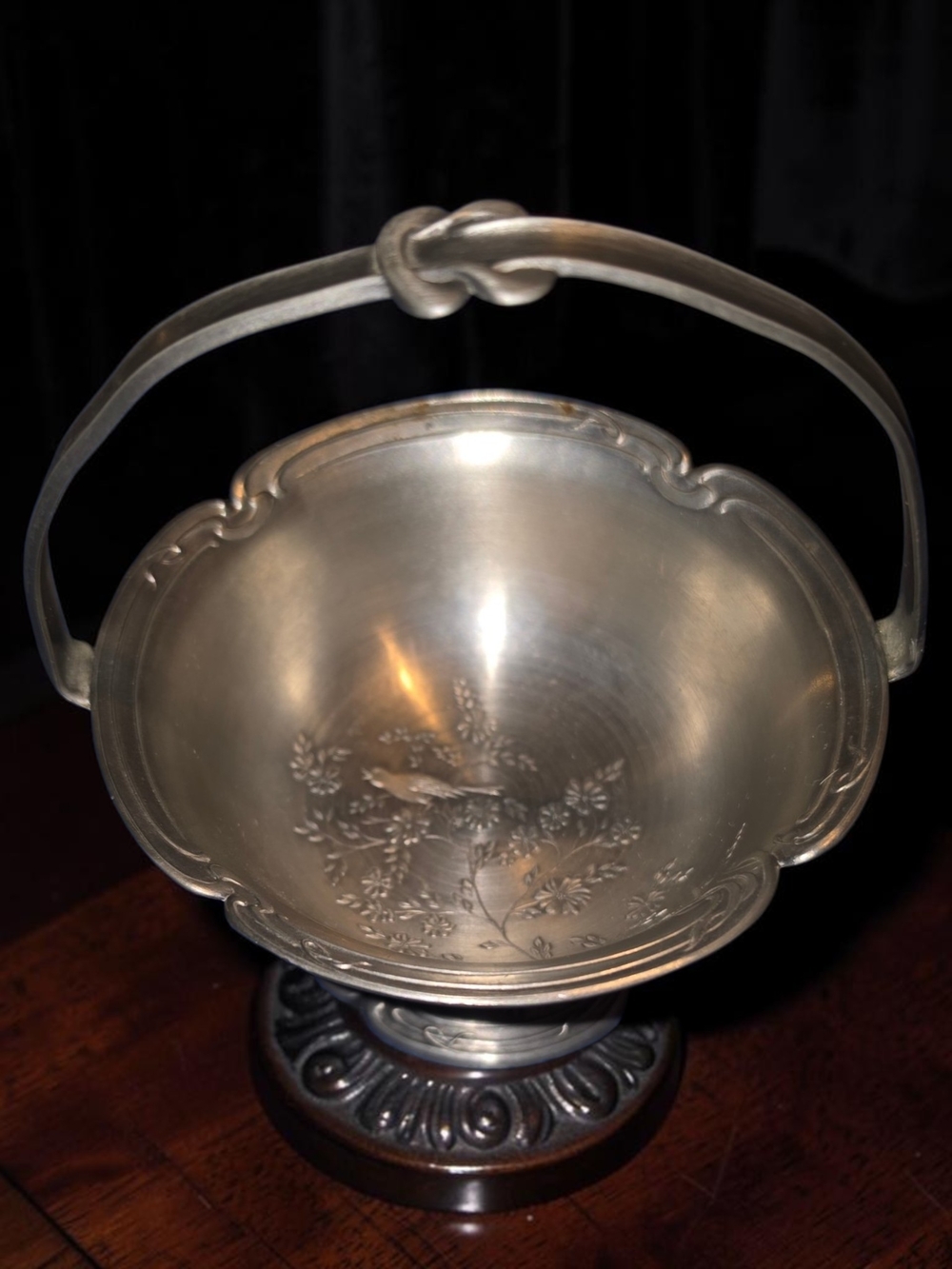 Vintage Etain Pur 95% Pewter Footed Basket Bowl Bird Floral Engraved